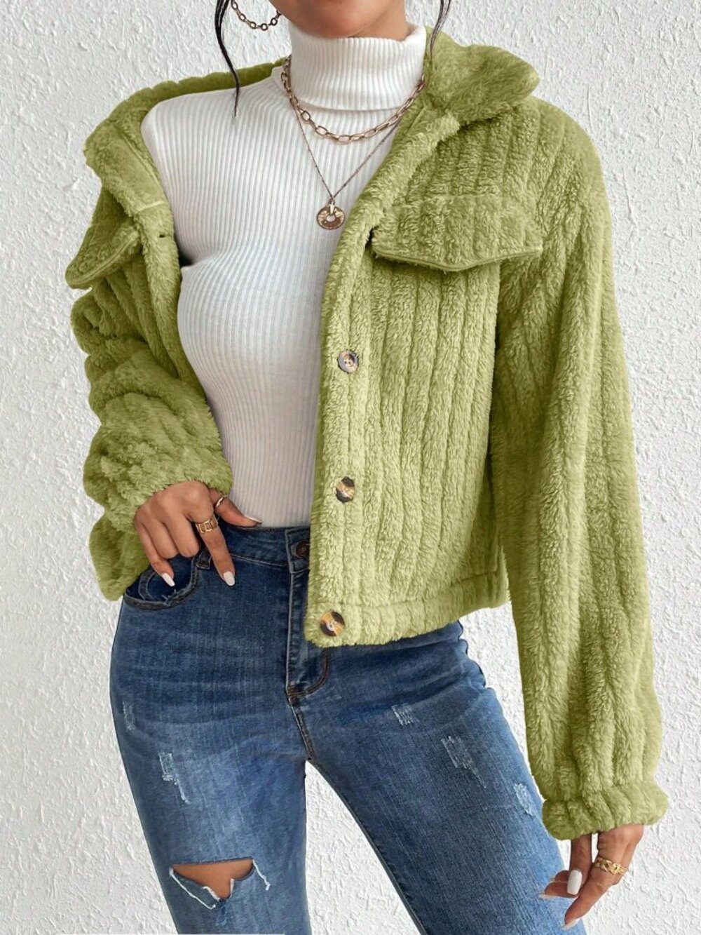 Mint Green Casual Women's Minimalist Fluffy Jacket - Picture 5 of 7